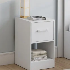 Lot de 2 tables de chevet 1 tiroir en tissu avec niche bois blanc