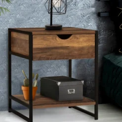 Lot de 2 tables de chevet métal et bois foncé