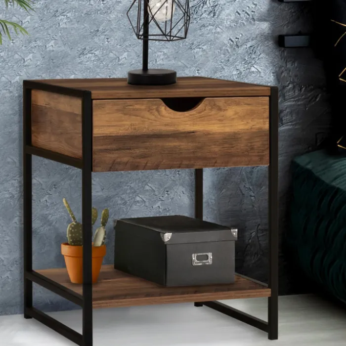 Lot de 2 tables de chevet métal et bois foncé