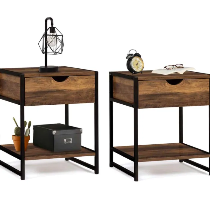 Lot de 2 tables de chevet métal et bois foncé