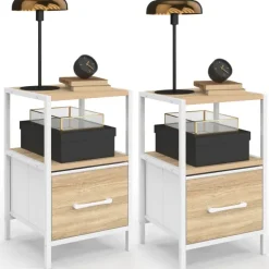 Lot de 2 tables de chevet 1 tiroir et 1 niche bois et blanc