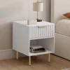 Lot de 2 tables de chevet bois blanc avec 1 tiroir lattes tasseau, une niche et pieds doré