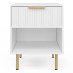 Lot de 2 tables de chevet bois blanc avec 1 tiroir lattes tasseau, une niche et pieds doré