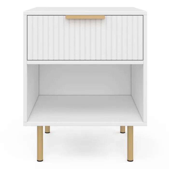 Lot de 2 tables de chevet bois blanc avec 1 tiroir lattes tasseau, une niche et pieds doré