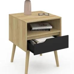 Lot de 2 tables de chevet scandinaves avec tiroir bois effet hêtre et noir