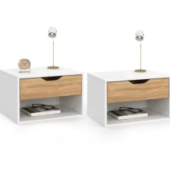 Lot de 2 tables de chevet suspendues 1 tiroir avec niche en bois façon hêtre et blanc