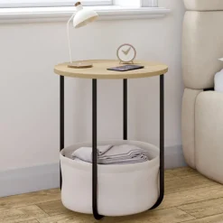 Lot de 2 tables de chevet, d'appoint, bout de canapé rondes avec panier en tissu