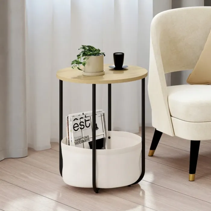 Lot de 2 tables de chevet, d'appoint, bout de canapé rondes avec panier en tissu