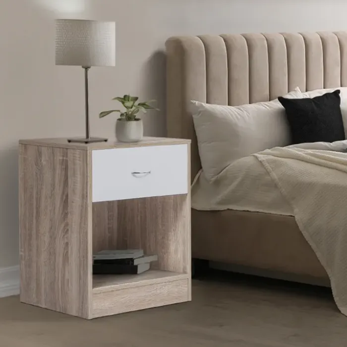 Lot de 2 tables de nuit bois façon hêtre tiroir blanc