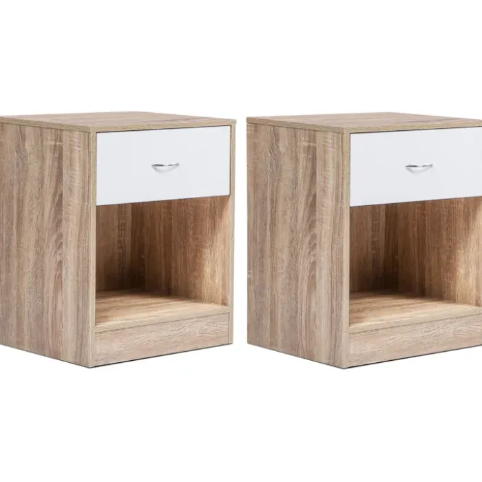 Lot de 2 tables de nuit bois façon hêtre tiroir blanc