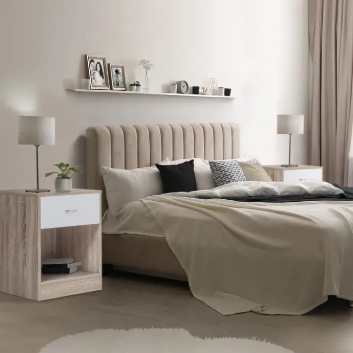 Lot de 2 tables de nuit bois façon hêtre tiroir blanc