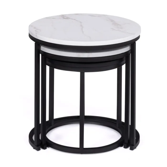 Lot de 3 tables gigognes rondes effet marbre et bois noir 35/40/45 cm