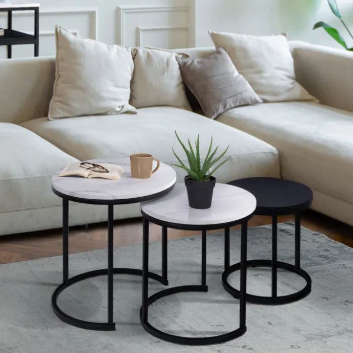 Lot de 3 tables gigognes rondes effet marbre et bois noir 35/40/45 cm