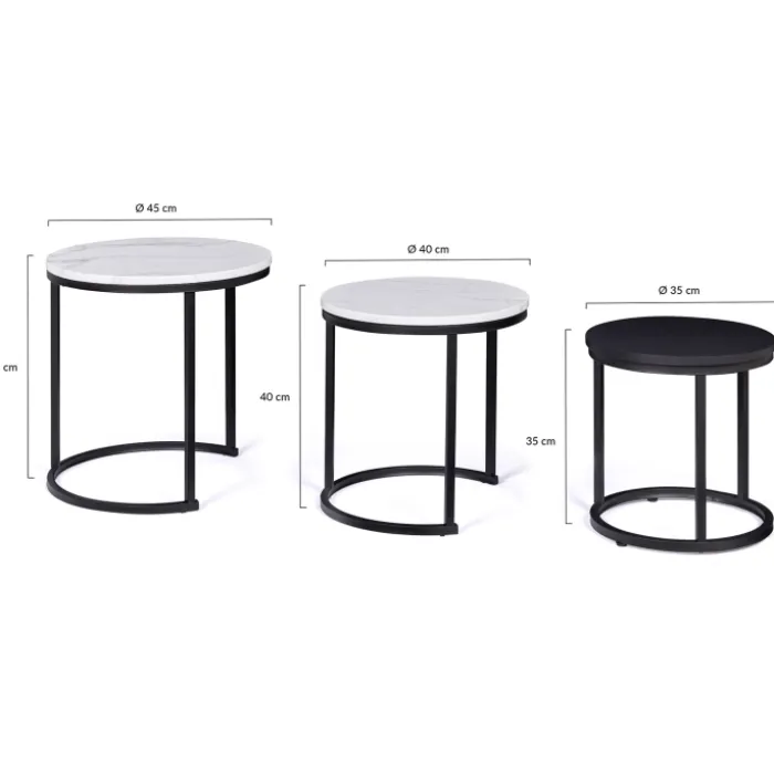 Lot de 3 tables gigognes rondes effet marbre et bois noir 35/40/45 cm