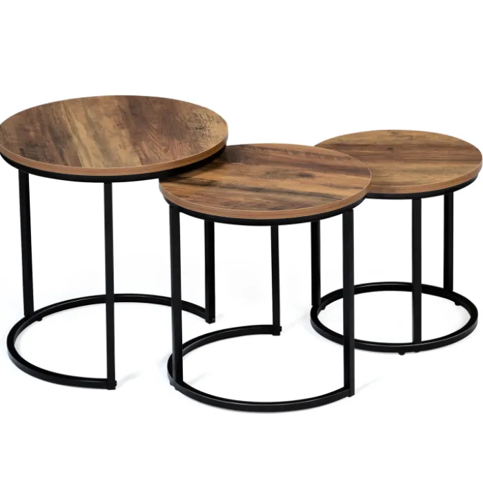 Lot de 3 tables gigognes rondes style industriel bois foncé