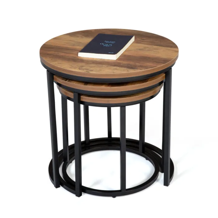 Lot de 3 tables gigognes rondes style industriel bois foncé