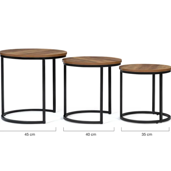 Lot de 3 tables gigognes rondes style industriel bois foncé