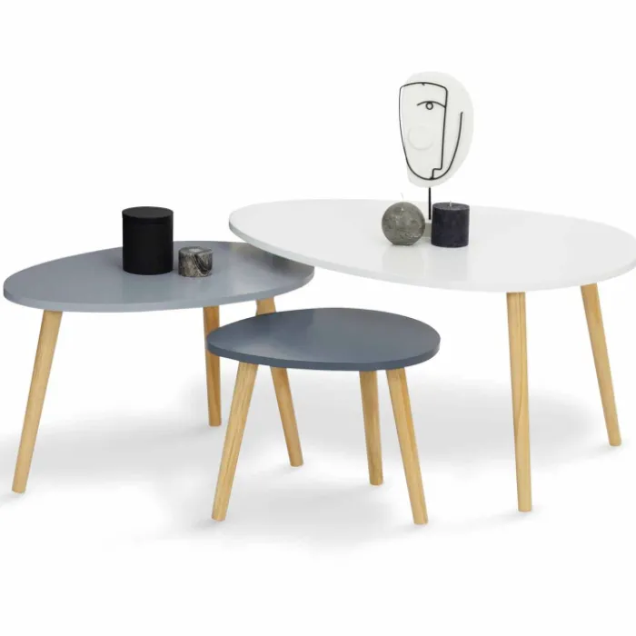 Lot de 3 tables gigognes scandinaves laquées blanc et gris