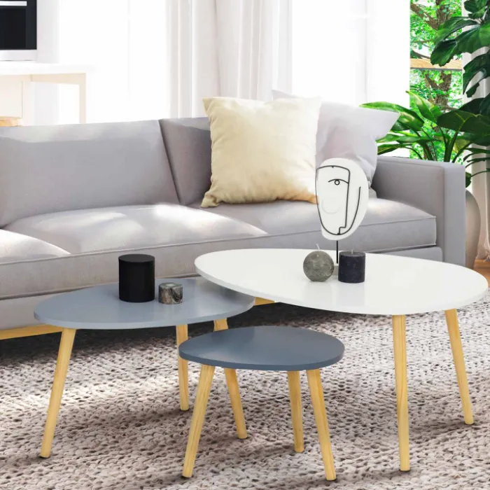 Lot de 3 tables gigognes scandinaves laquées blanc et gris