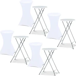 Lot de 4 tables hautes pliantes d’extérieur + housses blanches