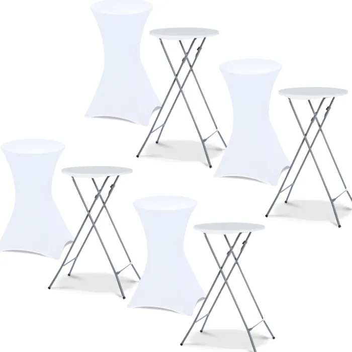Lot de 4 tables hautes pliantes d’extérieur + housses blanches