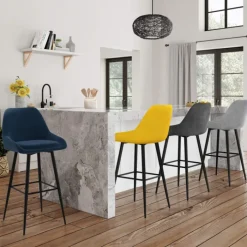 Lot de 4 tabourets de bar en velours mix color : bleu, gris et jaune