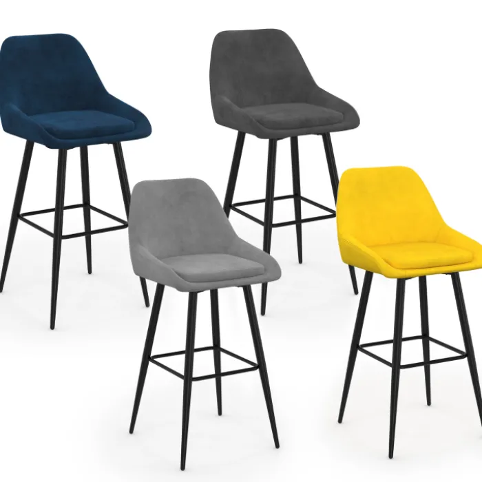 Lot de 4 tabourets de bar en velours mix color : bleu, gris et jaune