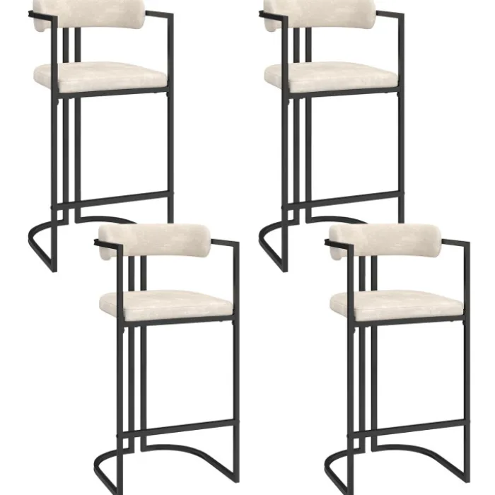 Lot de 4 tabourets de bar RONDY en tissu chenille écru avec accoudoirs et pieds en métal noir