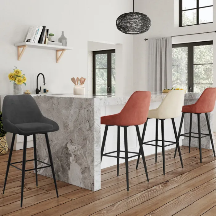 Lot de 4 tabourets de bar THALYA en velours mix color gris foncé, terracotta x2, beige avec demi-accoudoirs