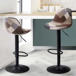 Lot de 2 tabourets de bar design pied noir assise patchwork marron