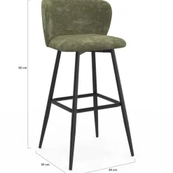Lot de 4 tabourets de bar assise en chenille vert kaki et pieds en métal noir