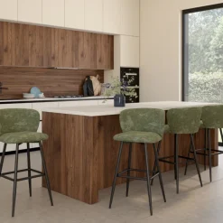 Lot de 4 tabourets de bar assise en chenille vert kaki et pieds en métal noir