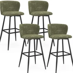 Lot de 4 tabourets de bar assise en chenille vert kaki et pieds en métal noir