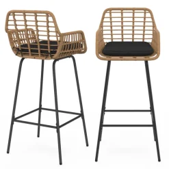 Lot de 2 tabourets de bar avec accoudoirs effet rotin beige pieds métal noir