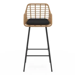 Lot de 2 tabourets de bar avec accoudoirs effet rotin beige pieds métal noir