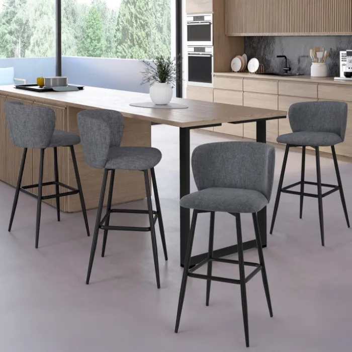 Lot de 4 tabourets de bar assise en tissu gris foncé et pieds en métal noir