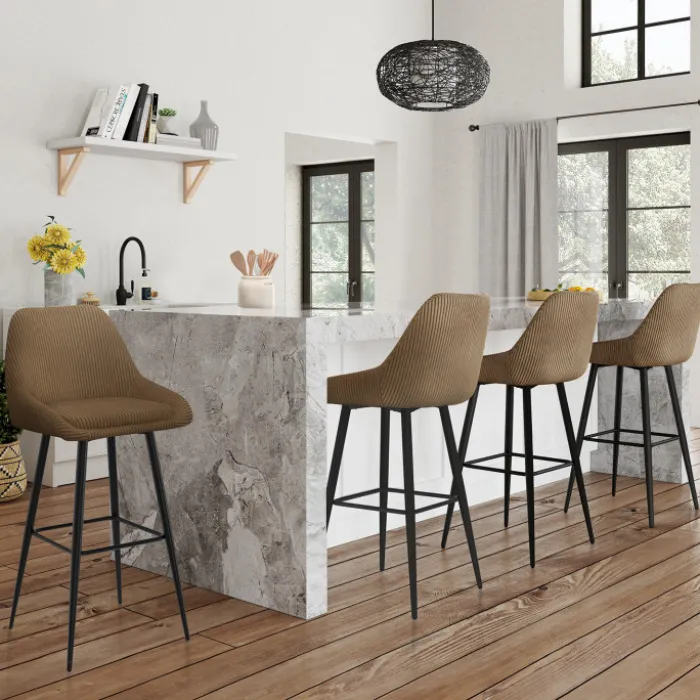 Lot de 4 tabourets de bar THALYA en velours cotelé taupe avec demi-accoudoirs