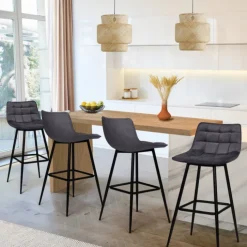 Lot de 4 tabourets en velours gris matelassé