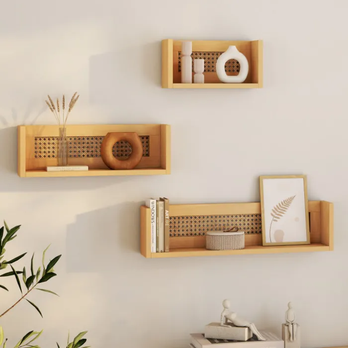 Lot de 3 étagères murales bois et cannage 60/45/30 cm