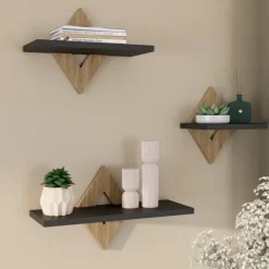 Lot de 3 étagères murales couleur hêtre et noir