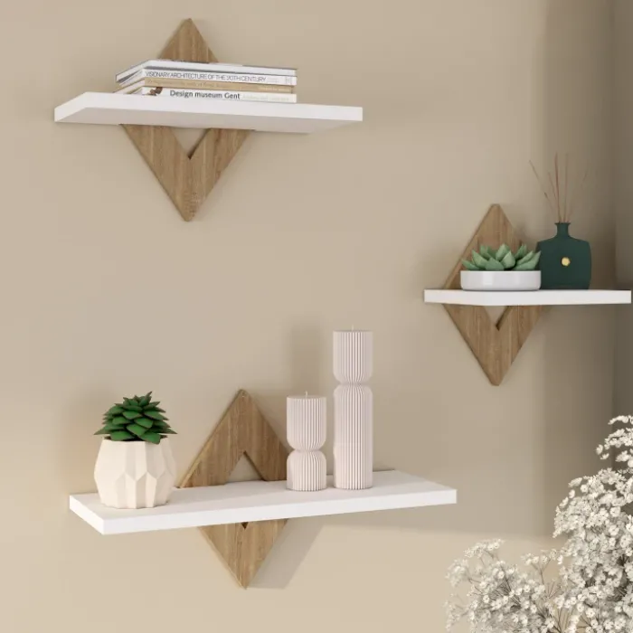 Lot de 3 étagères murales couleur hêtre et blanc