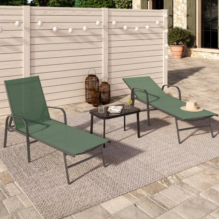 Lot de 2 transats de jardin inclinables en acier et toile vert olive