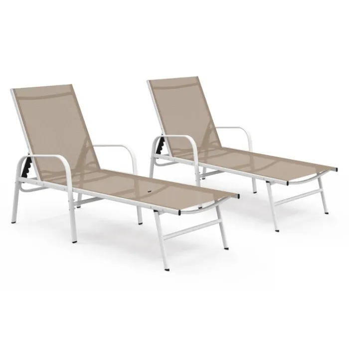 Lot de 2 transats de jardin inclinables en acier blanc et toile beige