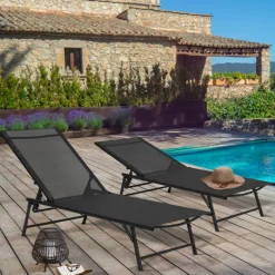 Lot de 2 transats de jardin inclinables toile et acier noir