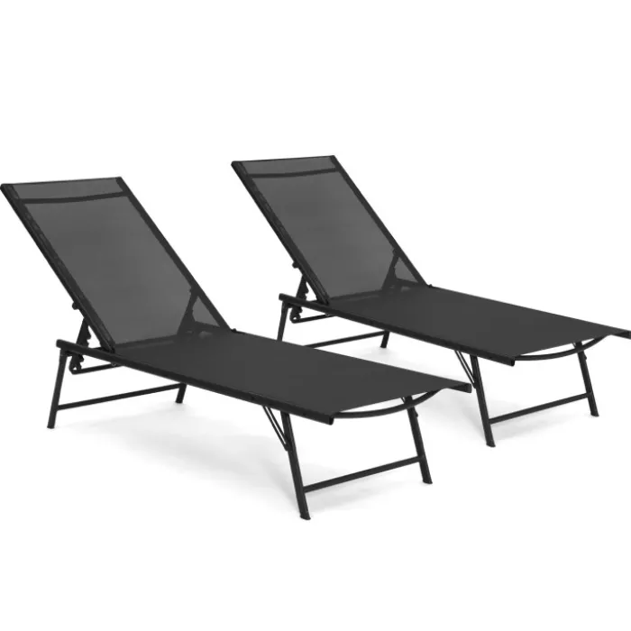 Lot de 2 transats de jardin inclinables toile et acier noir