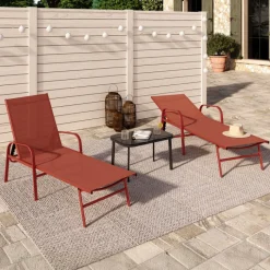 Lot de 2 transats de jardin inclinables en acier et toile terracotta