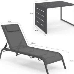 Lot de 2 transats de jardin inclinables avec table d'appoint modulable en acier gris anthracite et toile grise
