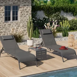 Lot de 2 transats de jardin inclinables avec table d'appoint modulable en acier gris anthracite et toile grise