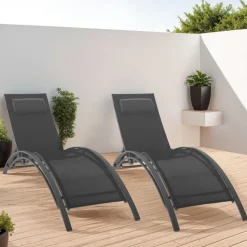 Lot de 2 transats de jardin inclinables en acier avec coussin et toile gris anthracite