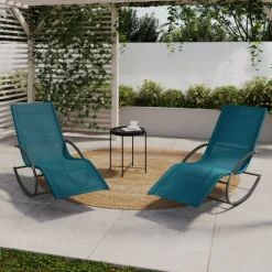 Lot de 2 transats de jardin à bascule gris anthracite et toile bleu canard